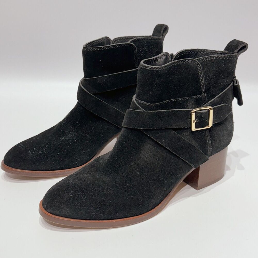 Kate Spade Polly Black Suede Buckle Strap Ankle Booties Boots Women’s Size 8M